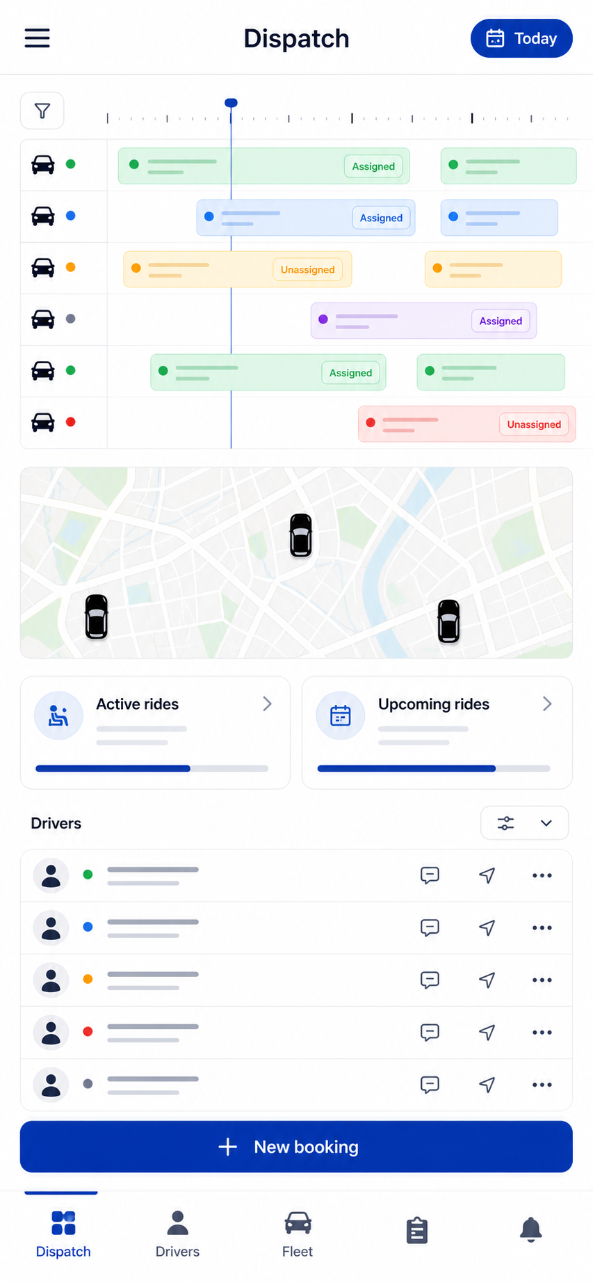 Manager dispatch board screen of the WhatsApp booking bot app: Assign, track, control