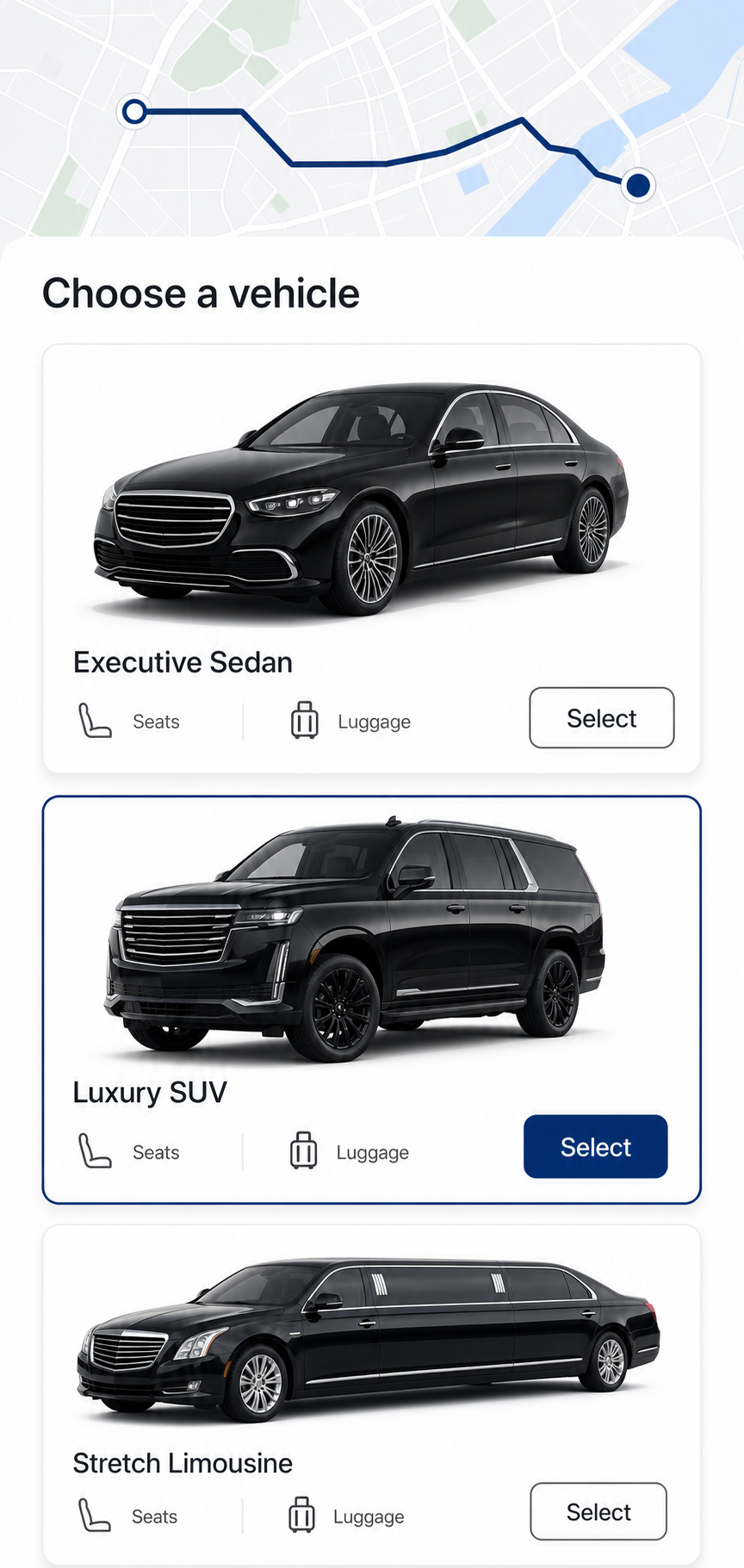 Choose a vehicle screen of the WhatsApp booking bot app: Sedan · SUV · Limousine